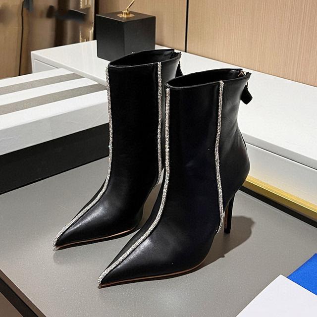 Royal Blue Suede Leather Ankle Boots Women's Rhinestone High Heels Elegant Pointed Toe Ladies Winter
