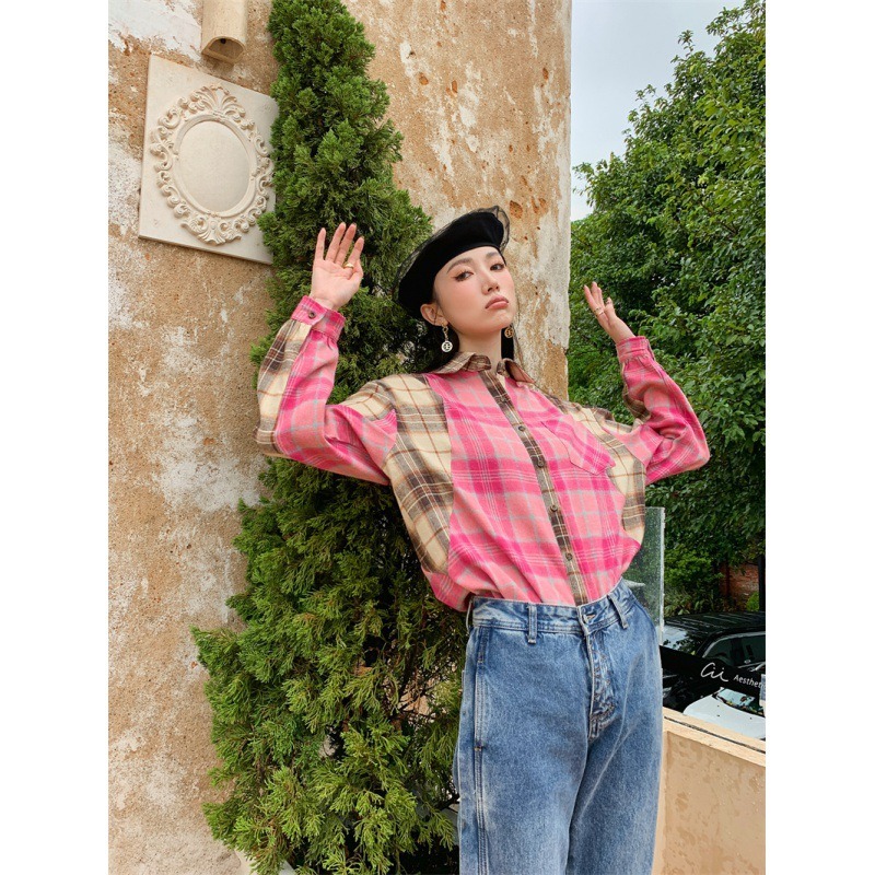 Blouse Casual Fashion Elegant Long Sleeve Plaid Patchwork
