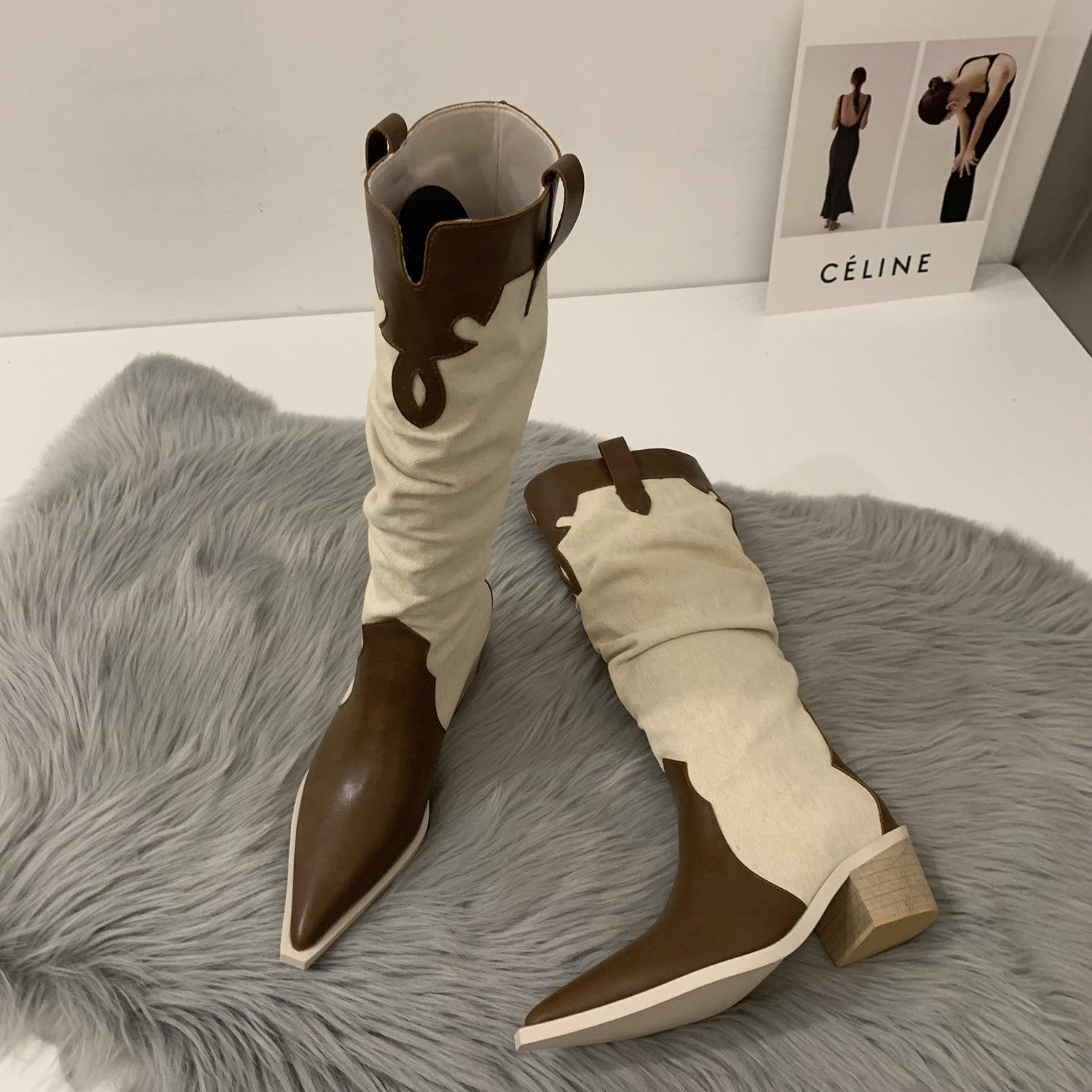 Western Cowboy Women's High Boots Low Heel Ladies Pointed Toe Knee High Boots Shoes Winter Quality