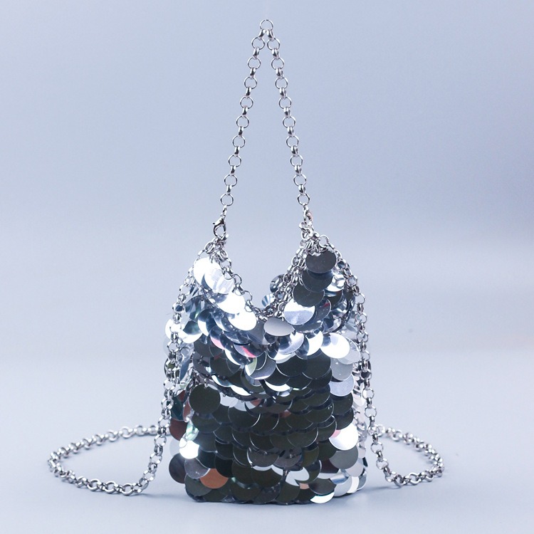 Silver Metal Sequins Chain Woven Bag - Large silver | Glitter purse,  Evening bags, Woven bag