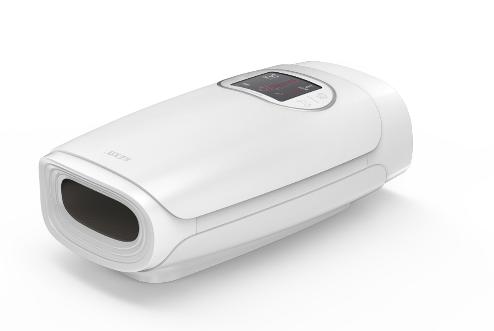 White compact hand massager with digital display shown in 3/4 view on soft pink terrazzo