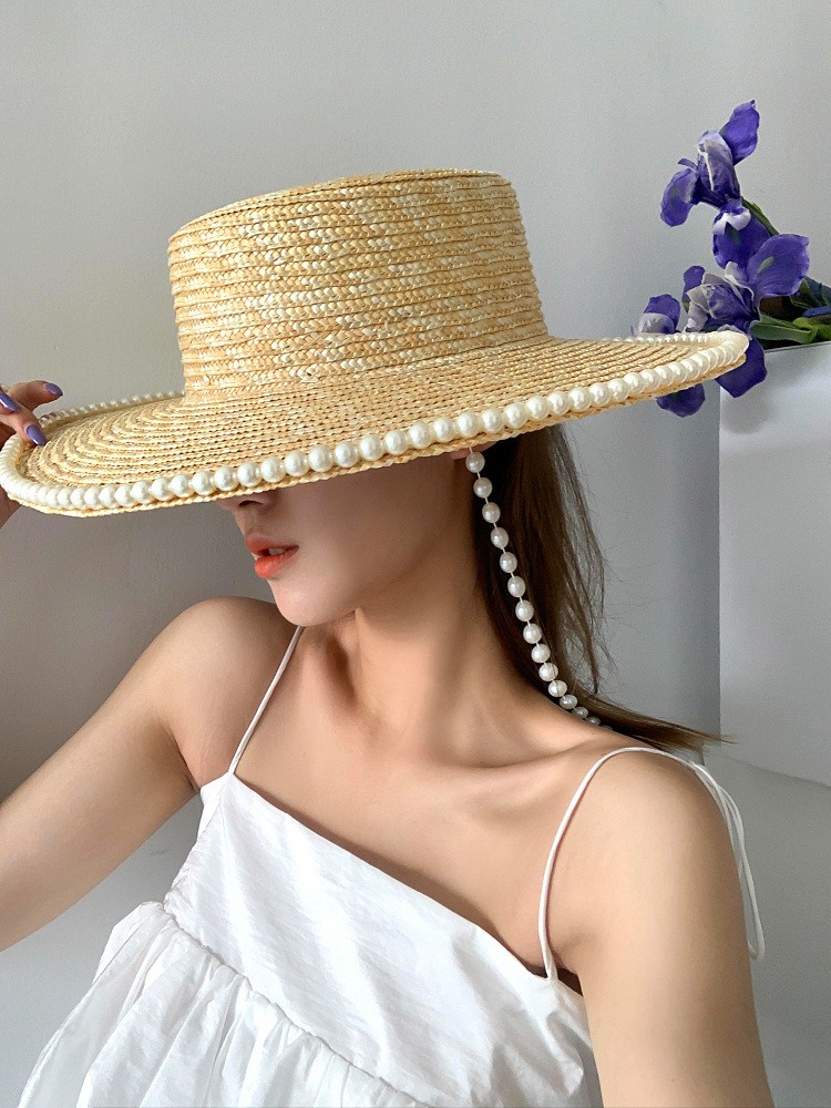 Flat top straw straw hat beach vacation sunshade pearl chain design hat for women