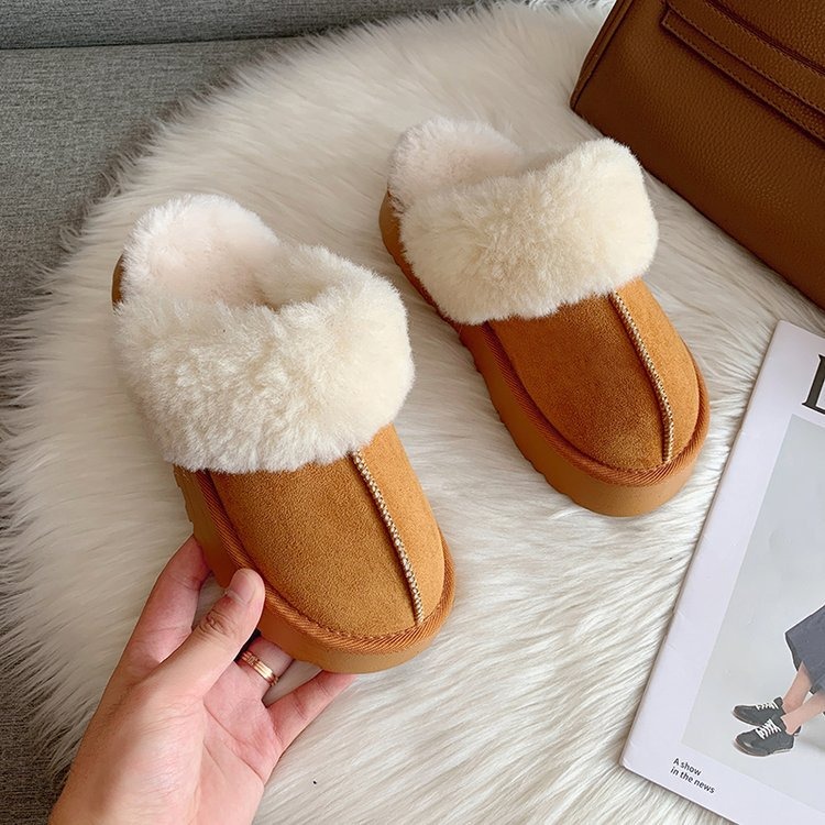 Snow boots, leather and fur integrated plush slippers, women's outerwear, flat bottomed, semi trailer, thick soled cotton shoes image 5