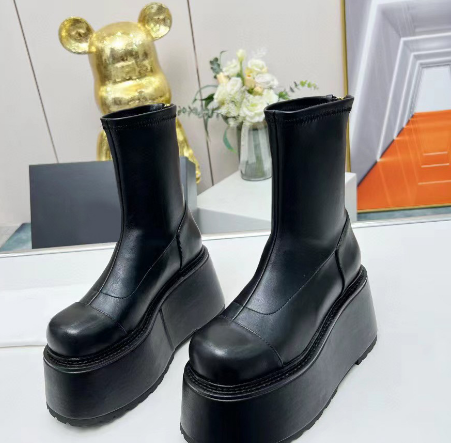 Gold Leather Flat Platform Wedge Boots Winter Women's Muffin Sole Short Boots