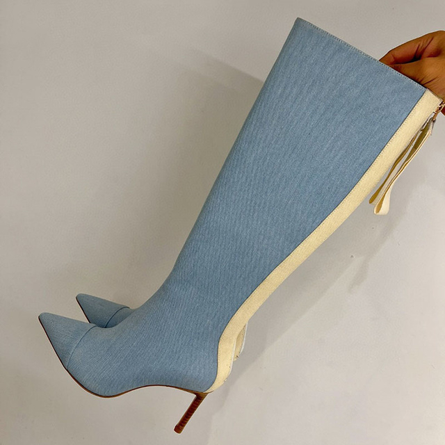 Winter High Heel Women Knee High Boots Pointy Toe Street Runway Shoes Formal Ladies Long Denim Boots