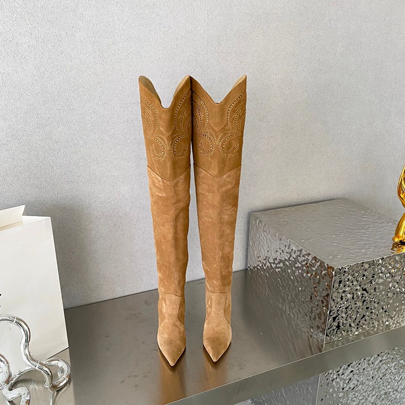 Wedge Heel Over The Knee Boots Suede Leather Pointed Toe Embroidery Long Boots Winter Women's Dress