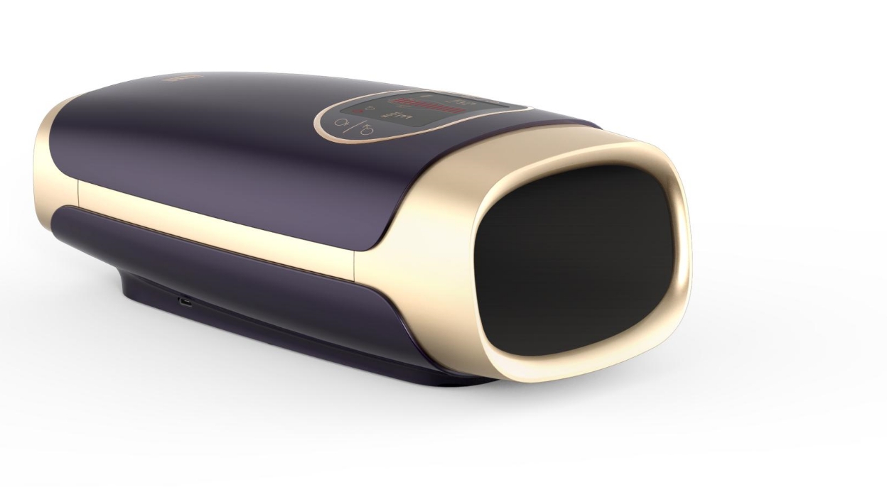 Premium navy blue and champagne gold massager shown from side, symbolizing the refined comfort after transformation