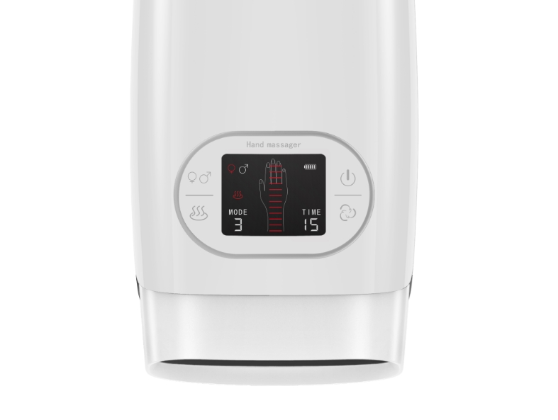 Close-up of LCD control interface showing MODE, TIME, hand diagram, and temperature settings