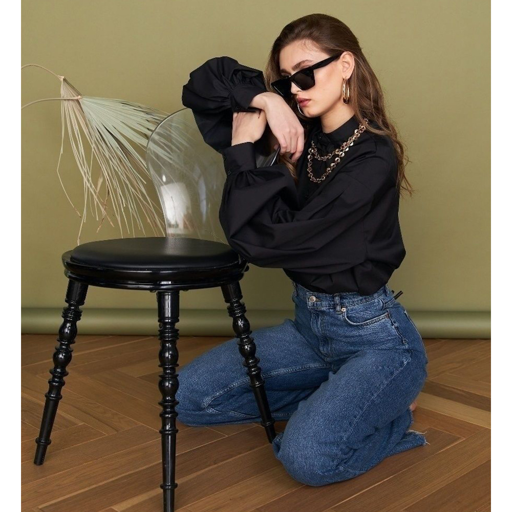 Casual Loose Shirts For Women Lapel Lantern Sleeve Patchwork Single Breasted Solid Temperament