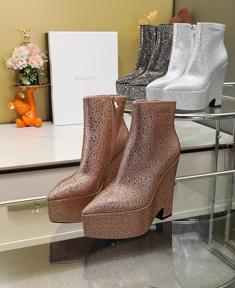 Sequined Crystal Ankle Boots High Heel Platform Wedge Shoes Winter Short Boots Fashion Stage Shoes