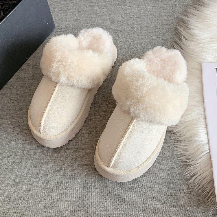Snow boots, leather and fur integrated plush slippers, women's outerwear, flat bottomed, semi trailer, thick soled cotton shoes