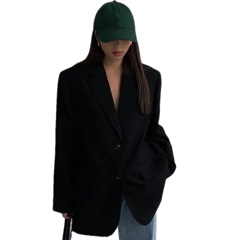Women Black Shaped Big Size Elegant Blazer New Lapel Long Sleeve Loose Fit Jacket Fashion Tide