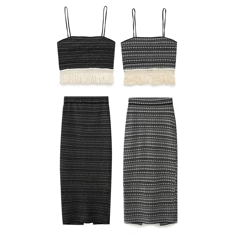 Jacquard Knitted Women Camis Midi Skirt Sets Traf Summer Sleeveless Tassels Hem Slim Crop Top Female