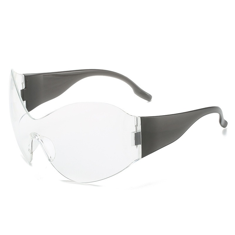 Clear futuristic sunglasses with curved wide temples