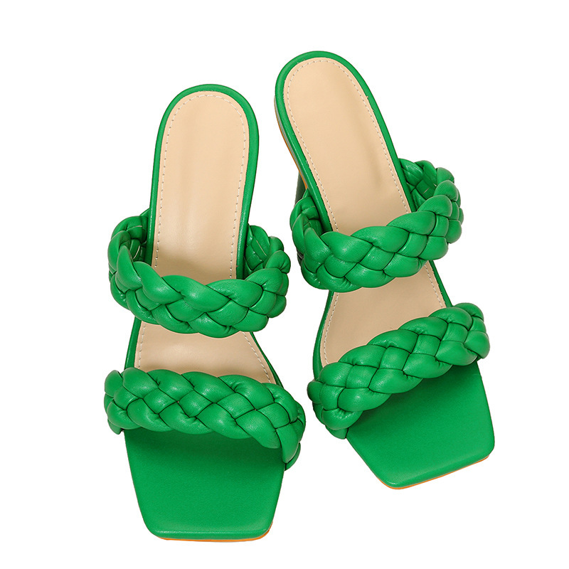 Eilyken Green Weave Slippers Women Strappy Sandals Square Toe Mule Slides Party Summer Thin High