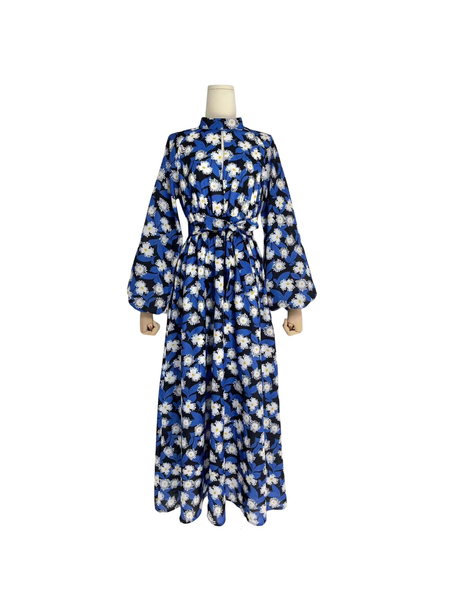 Print Floral Dress For Women Stand Collar Lantern Sleeve High Waist Colorblock Vintage Midi Dresses
