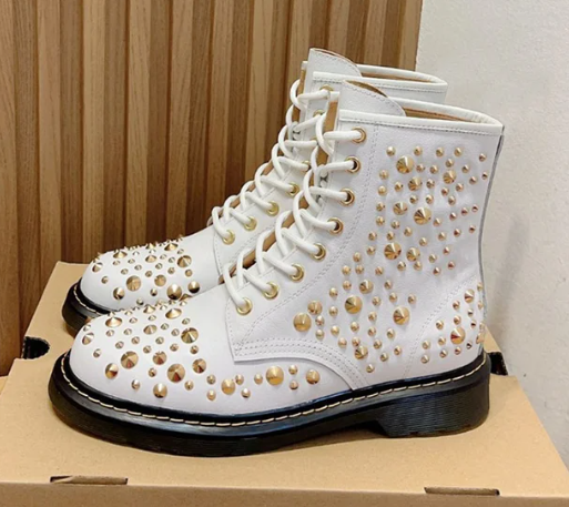 Pink Rivet Lace up Motorcycle Boots Genuine Leather Flat Platform Girls' Short Ankle Boots Outdoor