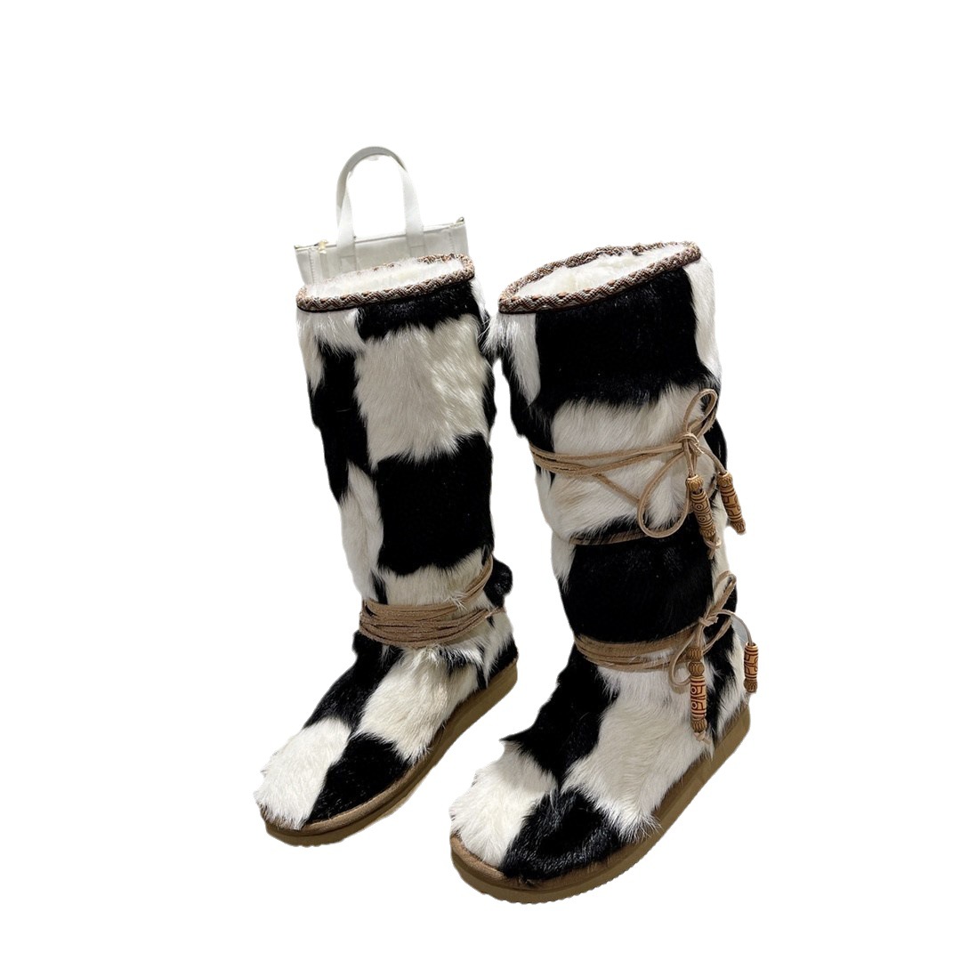 Flat Sole Mixed Color Women Boots Round Toe Narrow Band Long BootsFashion Comfortable Women Shoes