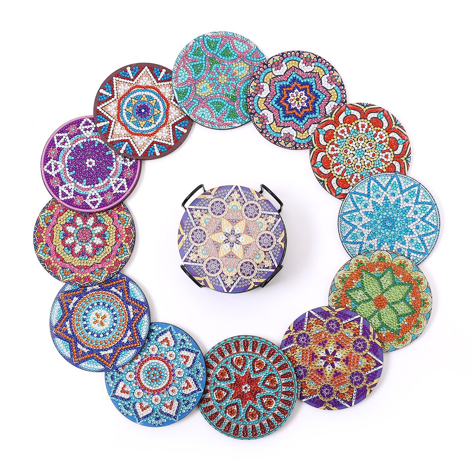 DIY Diamond Painted Coaster Mat Set of 12 with Datura Pattern (Free Storage Shelf)