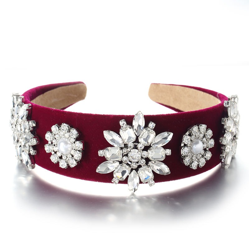 Burgundy velvet headband with crystal floral embellishments