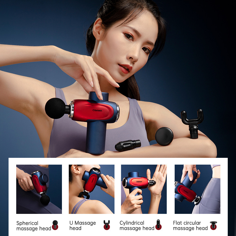 Woman using all four massage heads on different body zones, showcasing attachment versatility