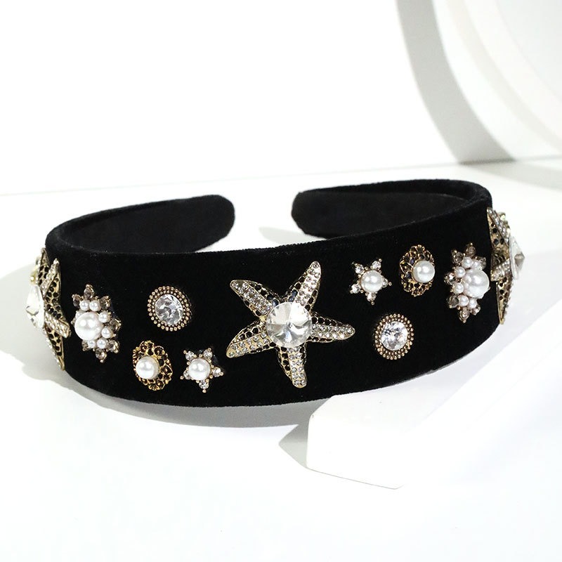 Pearl and rhinestone headband shown in bright styling