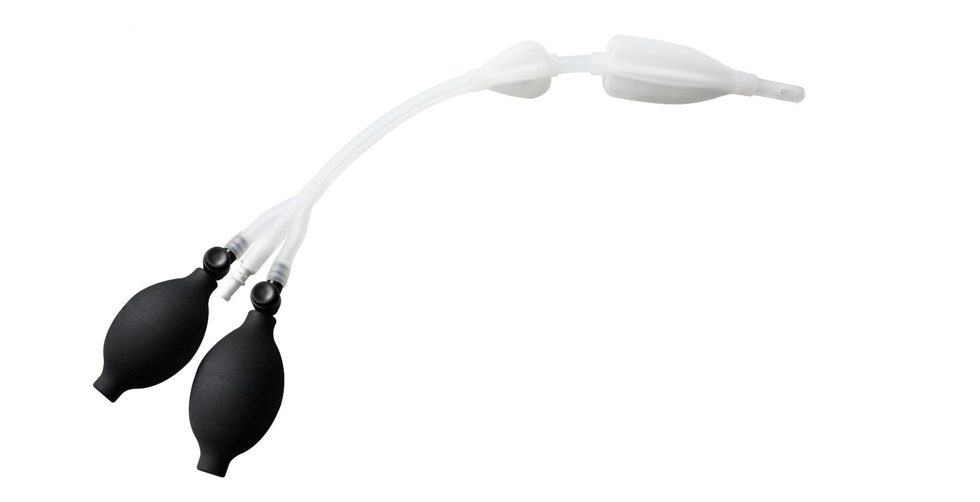 Two matte black silicone squeeze bulbs connected via clear tubing to a white dual-port flexible nozzle, shown on white background