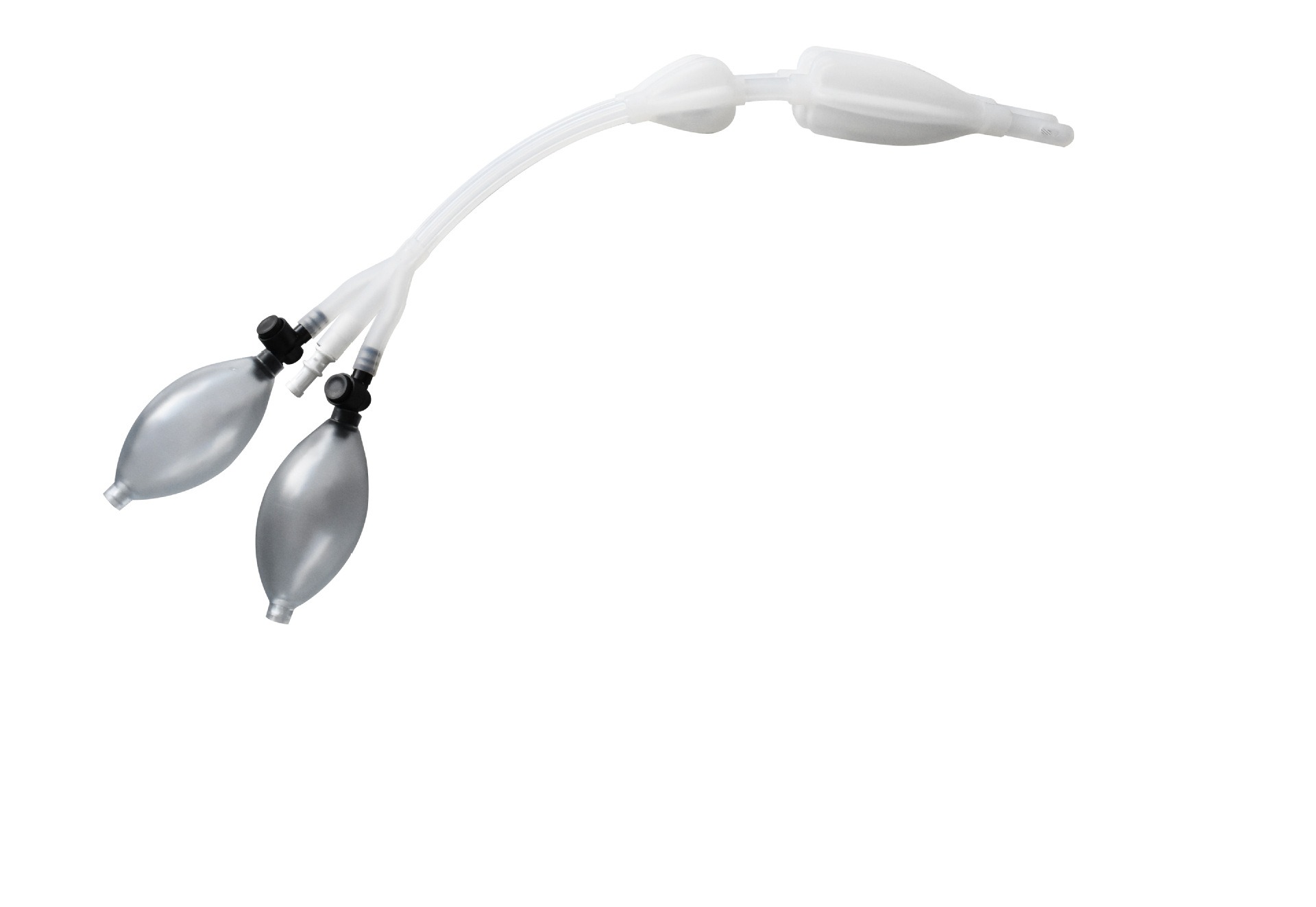 Clear/translucent grey silicone dual bulbs with white tubing and nozzle on white background