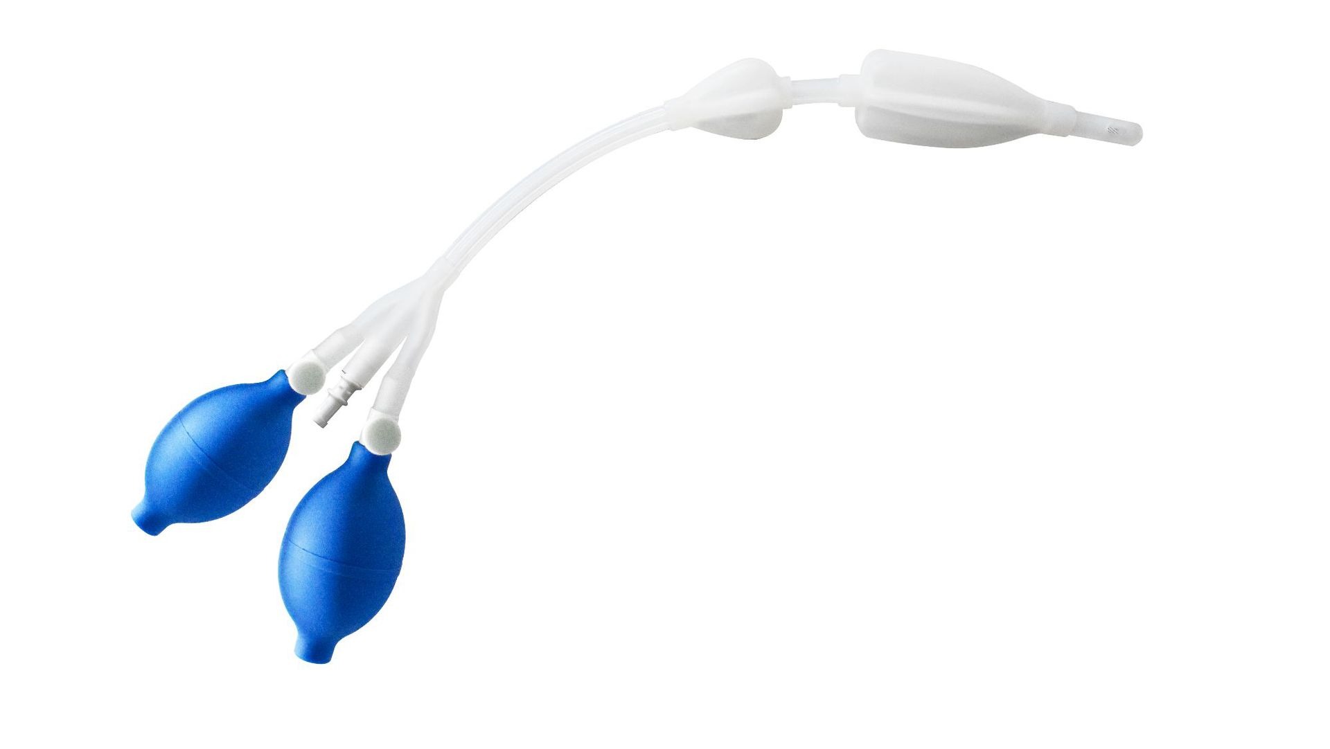 Cobalt blue dual silicone bulbs with white tubing and nozzle on white background