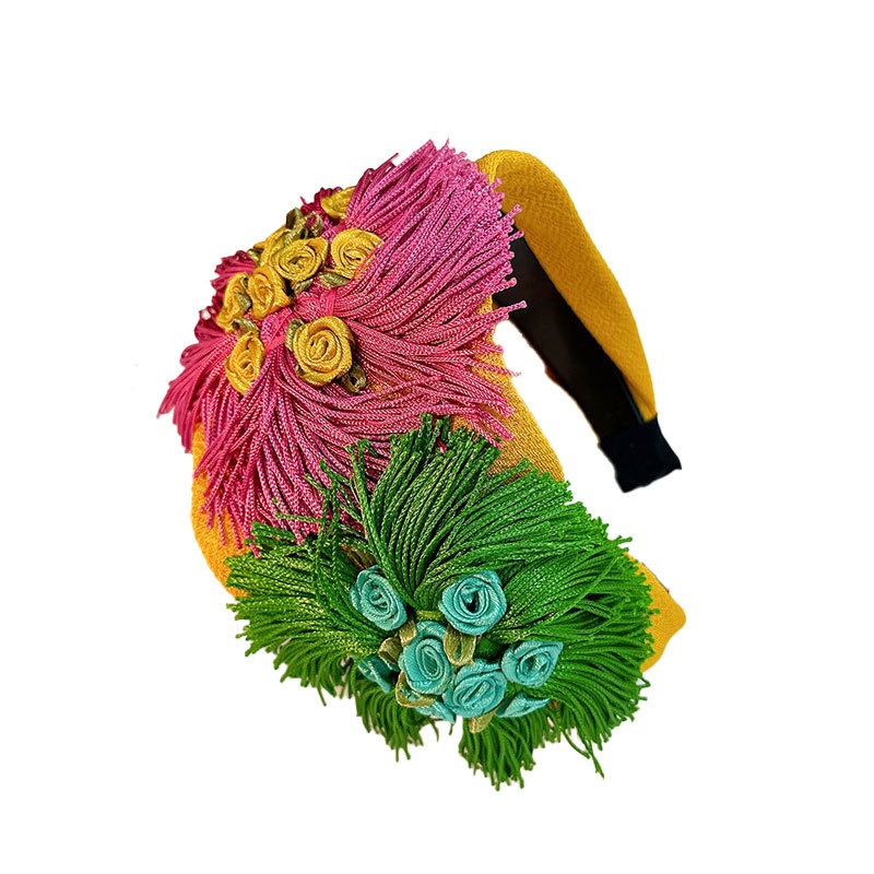 Wide mustard headband with colorful floral embellishment