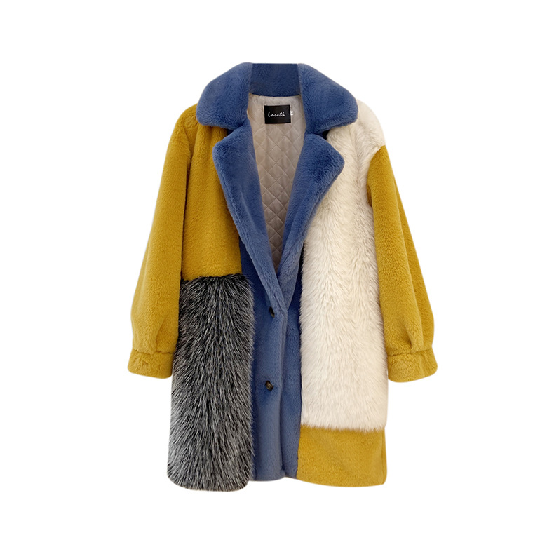 Winter Faux Fur Jackets for Women Furry Warm Splicing Contrast Color Blue Faux Fur Coat Long Jacket