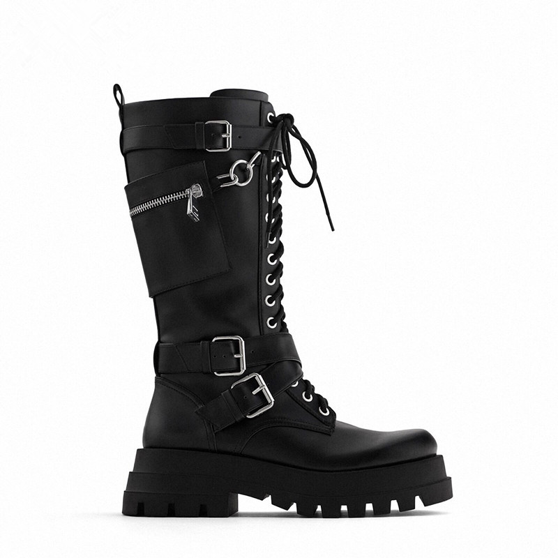 Lace Up Silver Chain Women Shoes Thick Heel Knee High Boots Motorcycle Botas Mujer Autumn Winter
