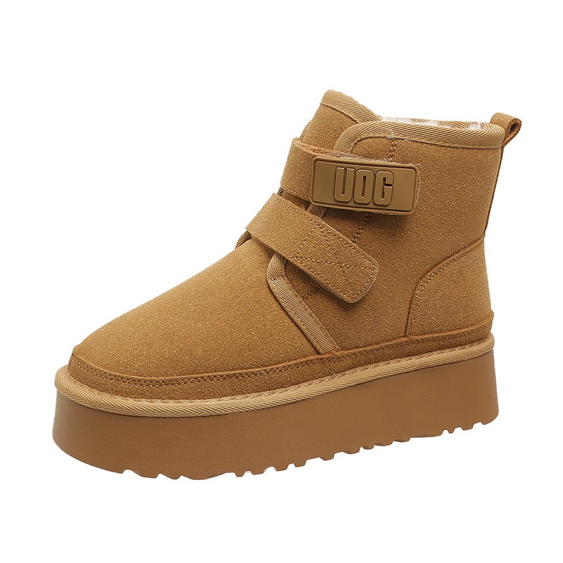 Women's short thick bottomed Velcro insulated patent leather cotton snow boots