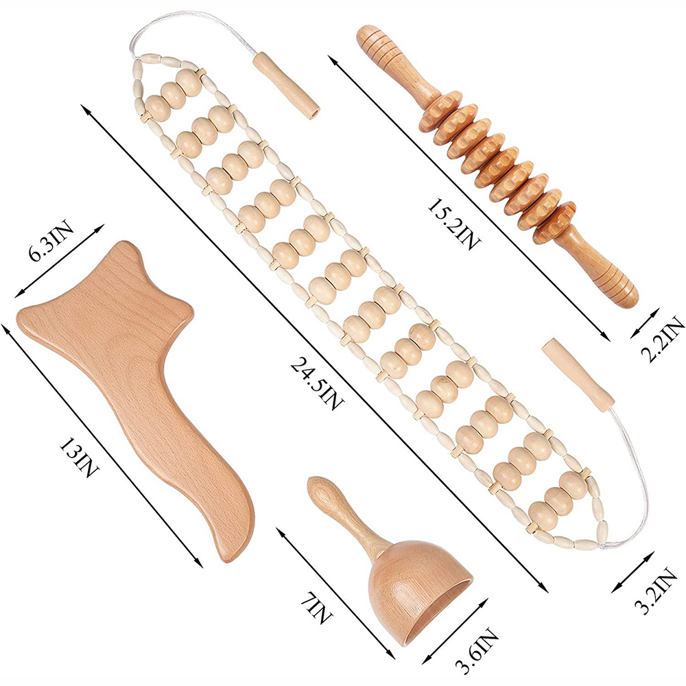 Handcrafted beech wood tools displayed with dimensional annotations, symbolizing the precision of traditional meridian therapy