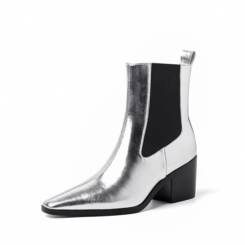 Brand Genuine Leather Shoes Woman Ankle Boots Chunky High Heels Black Silver Dress Casual Chelsea