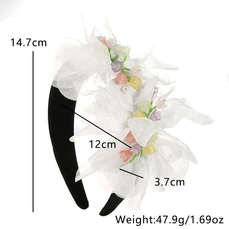 Close view of floral headband size and decorative details