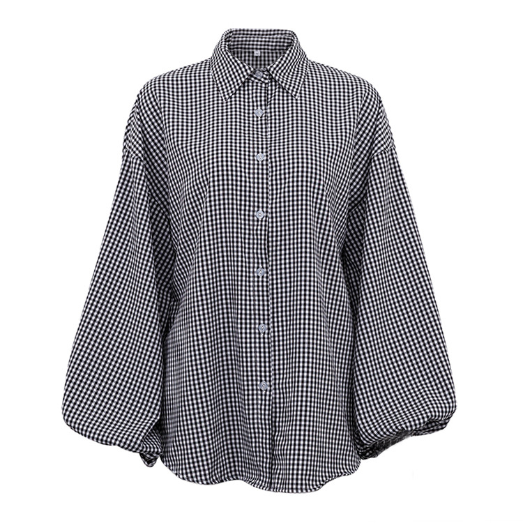 Black Lattice Women'S Blouse Casual Lapel Puff Sleeve Office Lady Shirts Streetwaer Tops Female