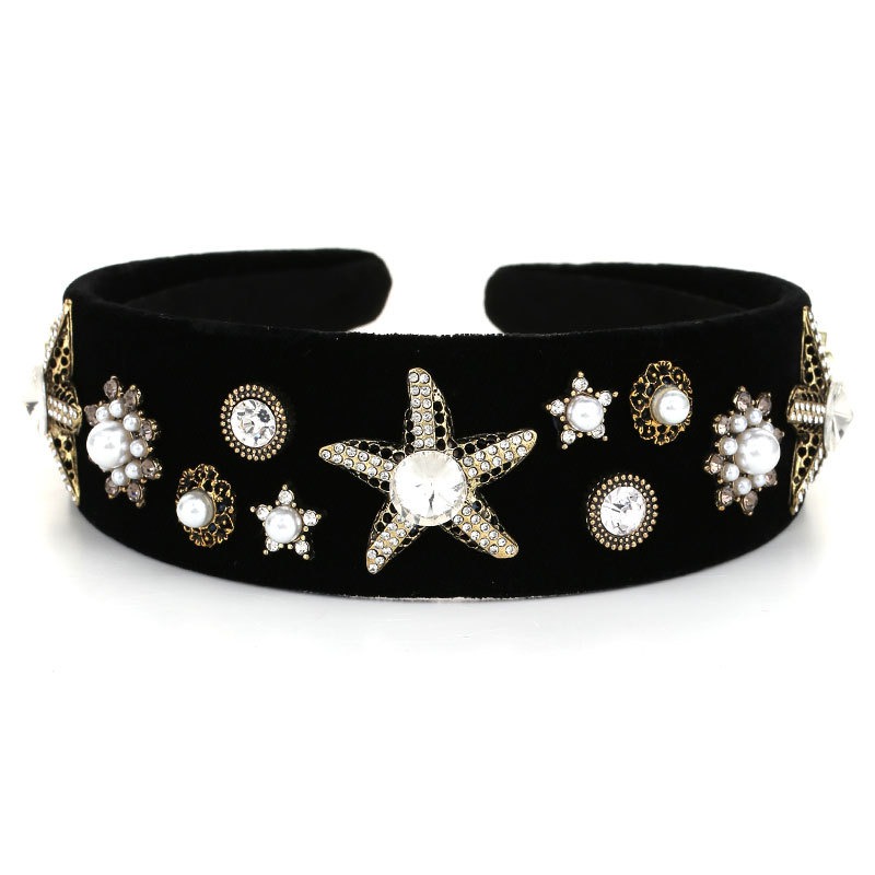 Front-facing black velvet band with pearl clusters