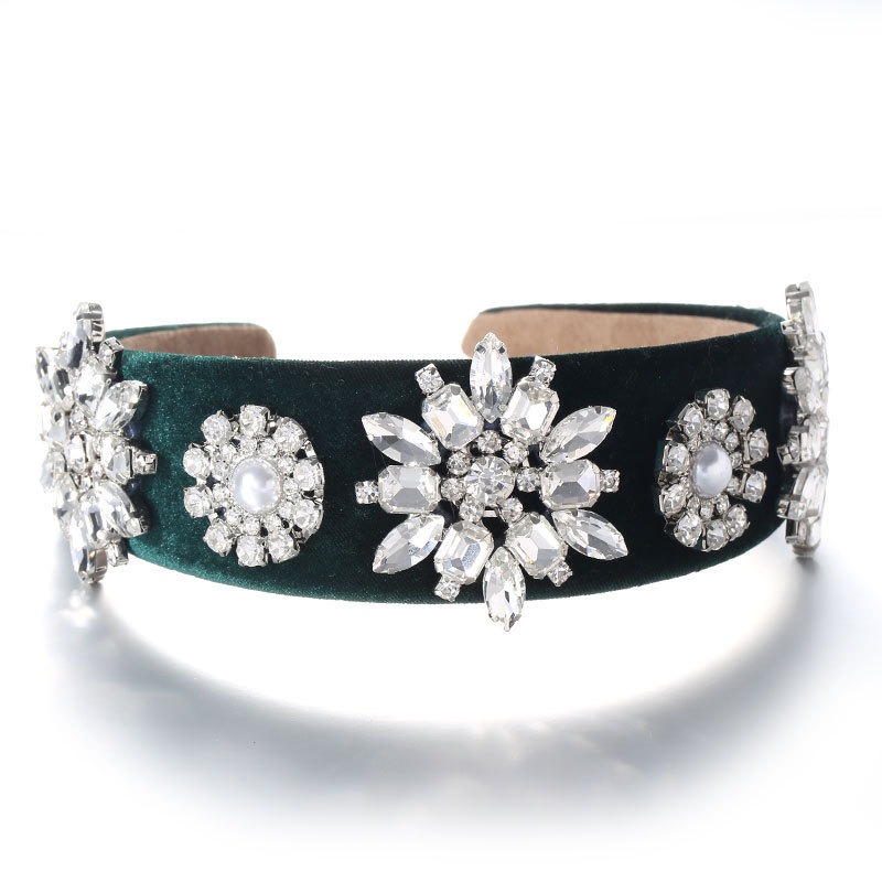 Teal velvet headband with silver crystal flower details