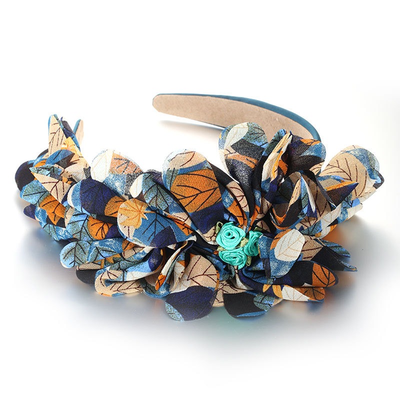 Blue orange floral headband with dimensional layered petals