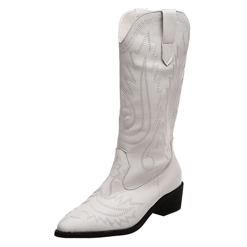 Suede Leather embroidery Square Heels Short Boots Women Pointed Toe Slip-on Western Cowboy Boots