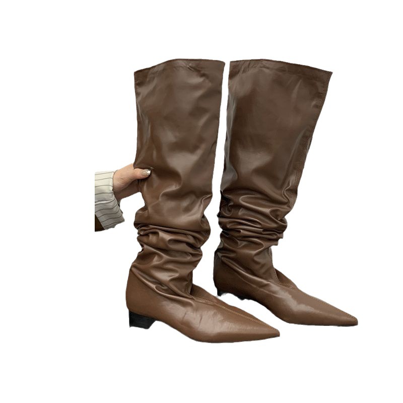 Footwear Knee High Boots Low Heel Shoes For Ladies Pointed Toe Female Fashion Pleated Women Long