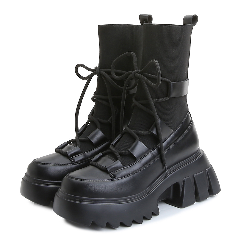 Ladies Casual Stretch Fabric Socks Boots Fashion Cross-tied Women Shoes Platform Boots Gothic Women