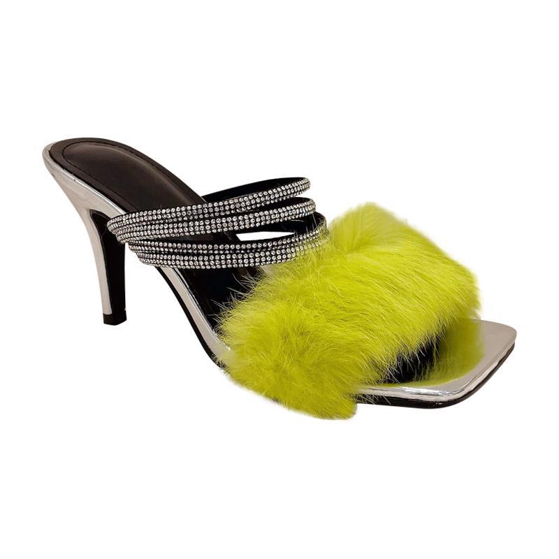 Fashion Feather Furry Women Slippers Design Crystal Thin High Heels Shoes Elegant Open Toe Party