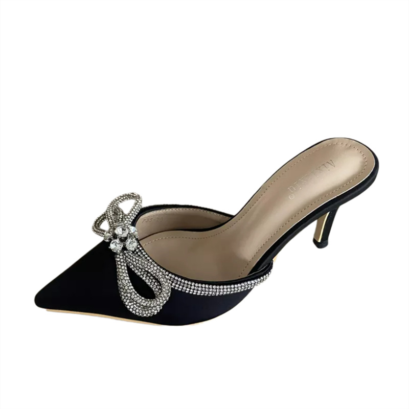 Eilyken Fashion Butterfly-knot Slippers Women Thin Heels Pointed Toe Design Summer Mules Slides Shoe