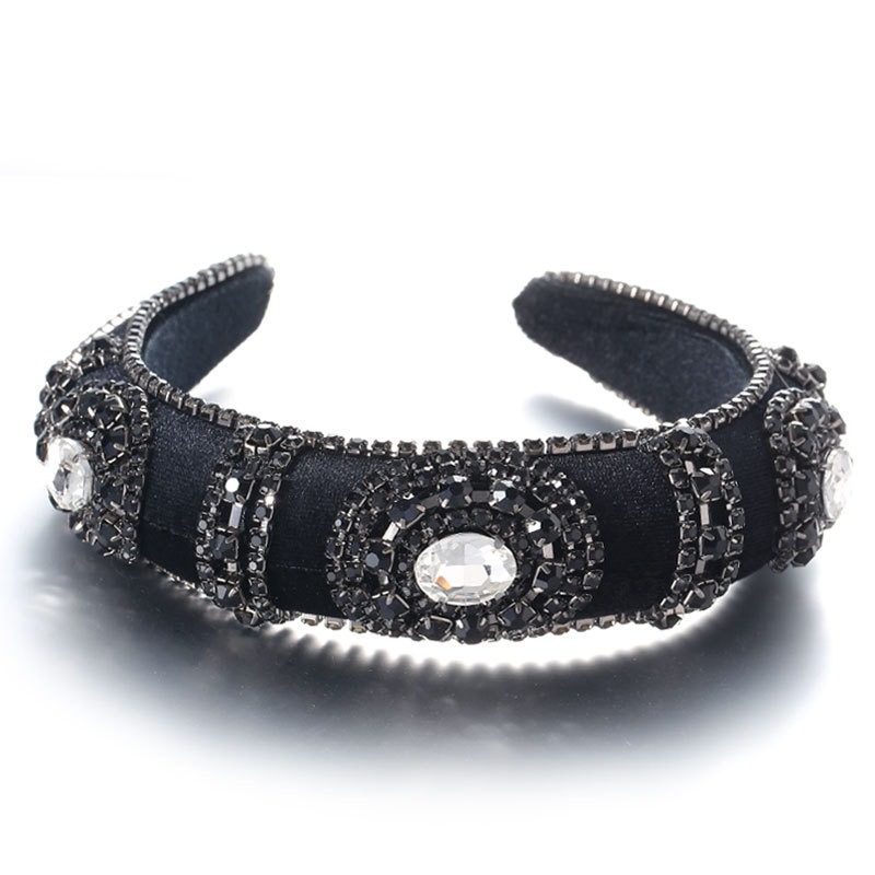 Black velvet headband with layered crystal ornament