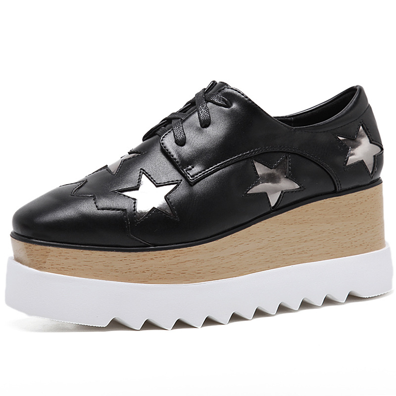 Ｈigh Ｑuality Leather Stars Lace Up Ladies Stella Chunky Shoes Casual Loafers Women Height Increasing