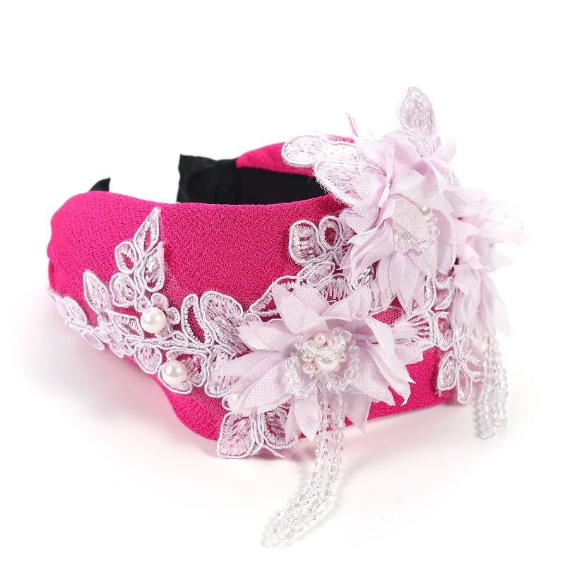 Pink embroidered lace headband with pearls and floral beadwork