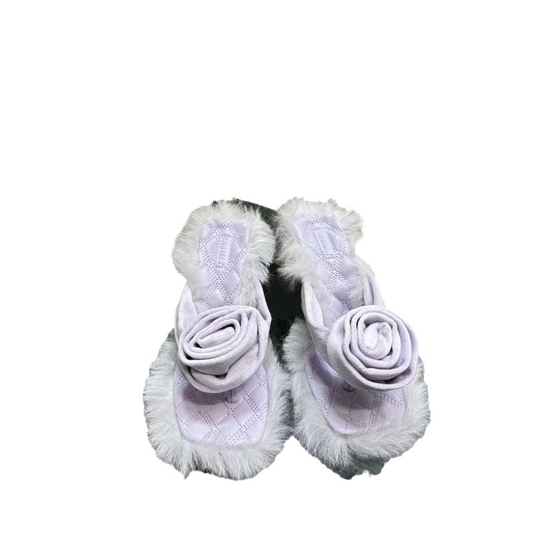 Summer Sexy Flowers Women's Fur Sandals Square Split Toe Sexy Plush Edge High Heel Slippers Brand Casual Women's Slides