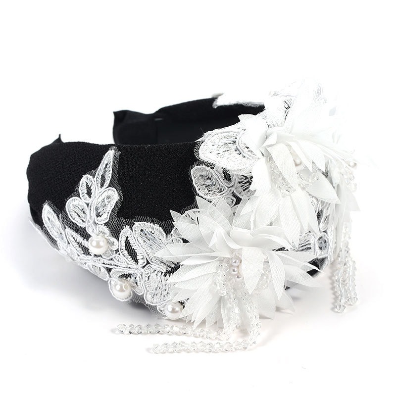 Black and white floral headband with dangling bead strands